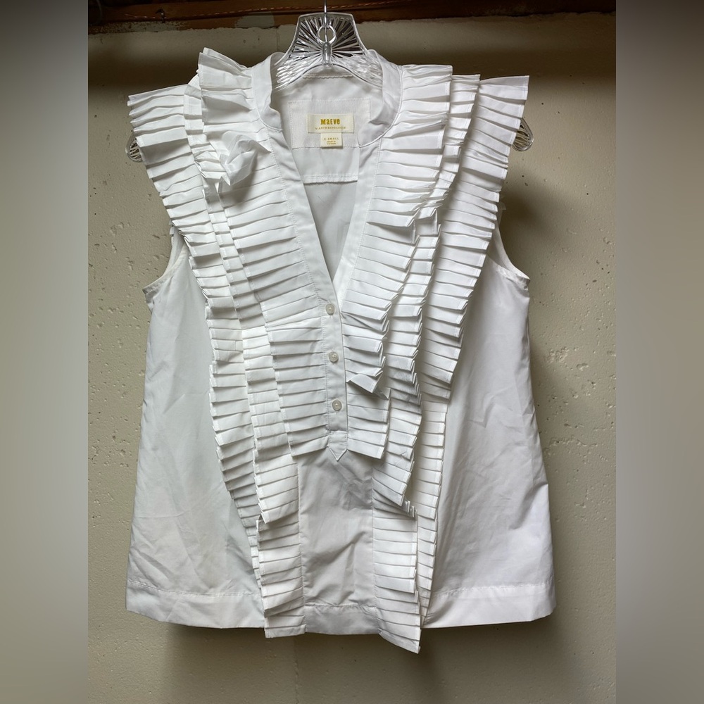 Maeve Anthropologie Women's White Sleeveless Ruffle Tank Top Blouse Sz XS